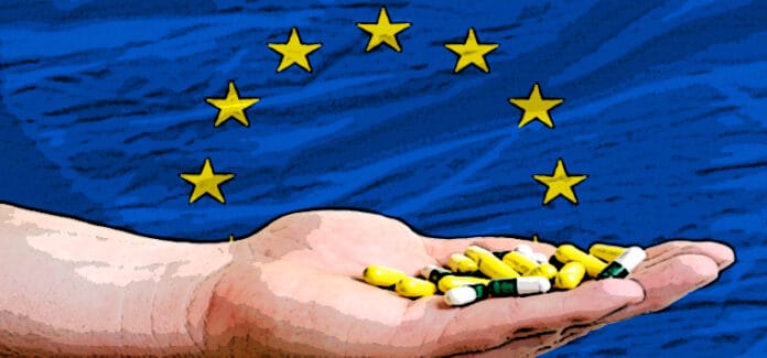 Farmaci su palmo mano bandiera UE