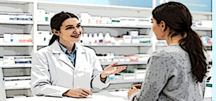 farmacista sorridente banco paziente donnai